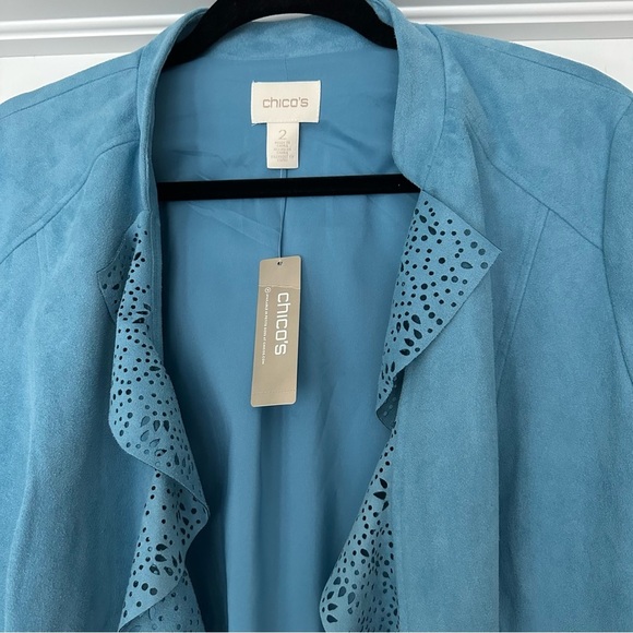 Chico's‎ Faux Suede Perforated Drape Jacket Size Large Blue NWT - Picture 4 of 11